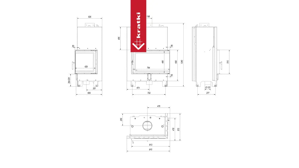 Technische tekening van Kratki MBO CV Rechts met gedetailleerde afmetingen en specificaties.