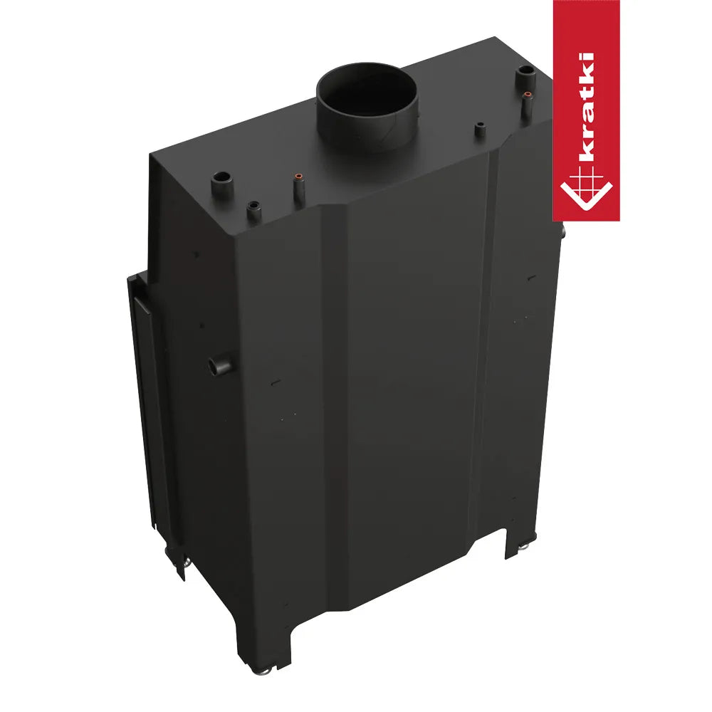 Zwarte Kratki MBO CV warmtewisselaar met meerdere aansluitingen en een groot bovenste ventilatiekanaal.