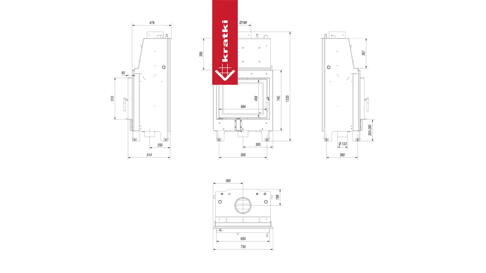 Technische tekening van Kratki MBZ CV haard met afmetingen en zijaanzichten.