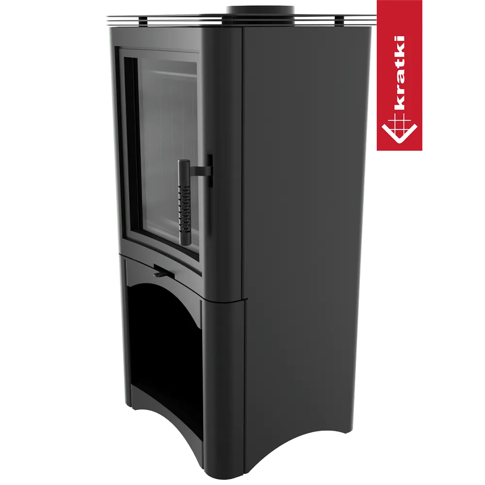 Zwarte Kratki K5 Hoog houtkachel met glazen deur en handvat, modern en strak ontwerp.