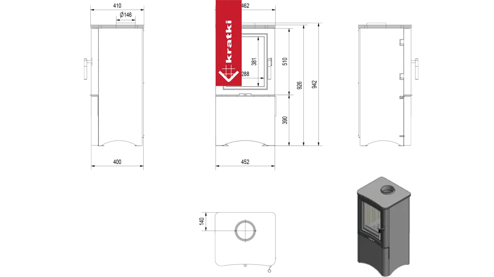 Technische tekening en afbeelding van Kratki K5 Hoog met deur, inclusief afmetingen.
