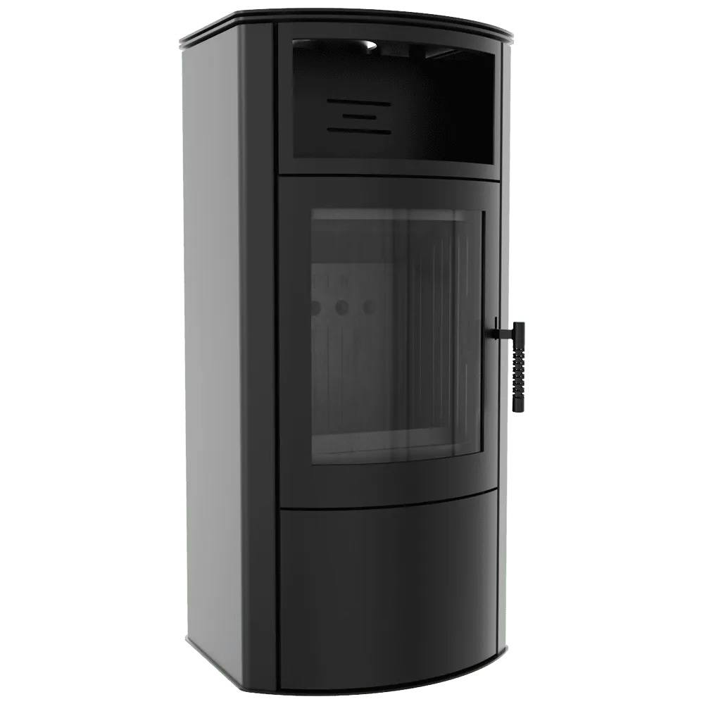 Zwarte Kratki Titan houtkachel met glazen deur en modern, strak ontwerp.