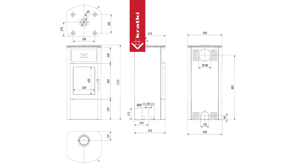 Technische tekening van Kratki Titan houtkachel met gedetailleerde afmetingen en doorsneden.