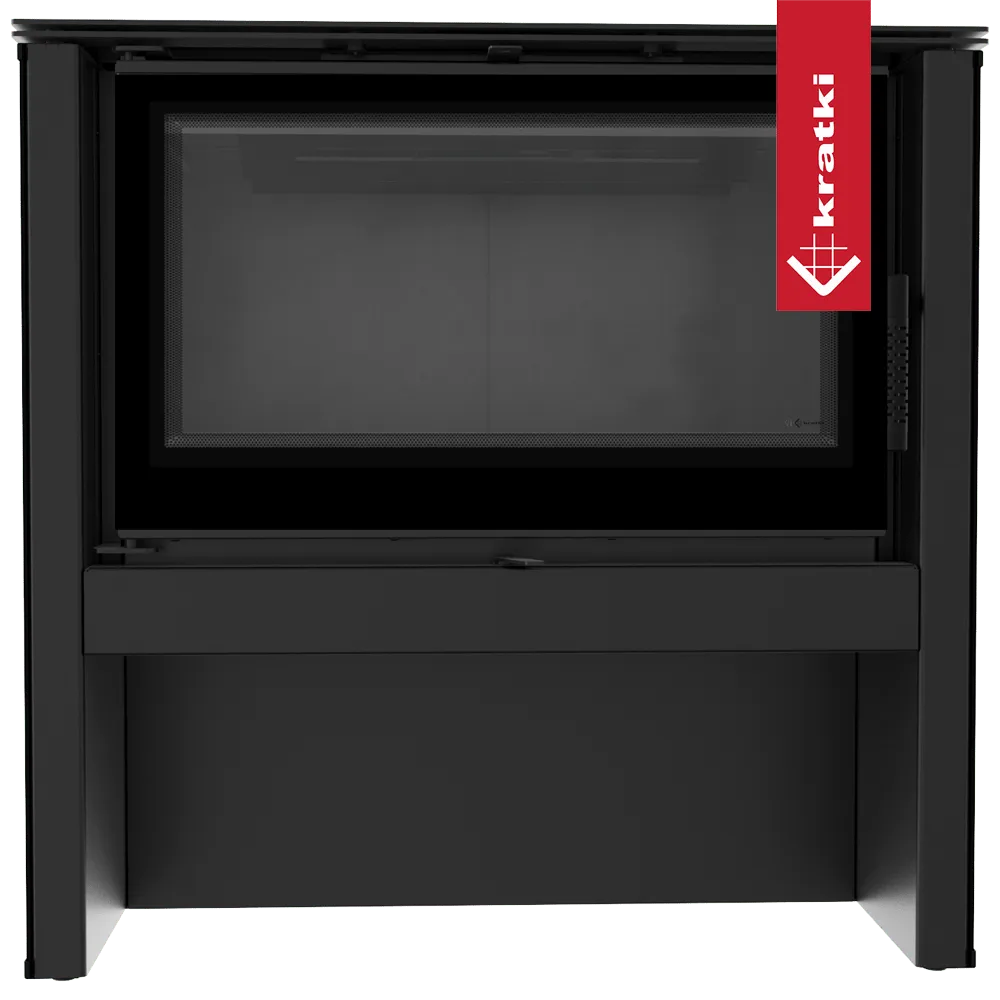 Zwarte Kratki Juno 12 kW houtkachel met groot glazen venster en strak ontwerp.