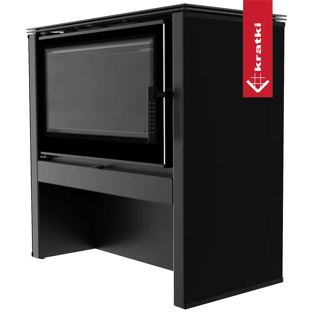 Zwarte houtkachel Kratki Juno 12 kW met groot glazen venster en strak design.