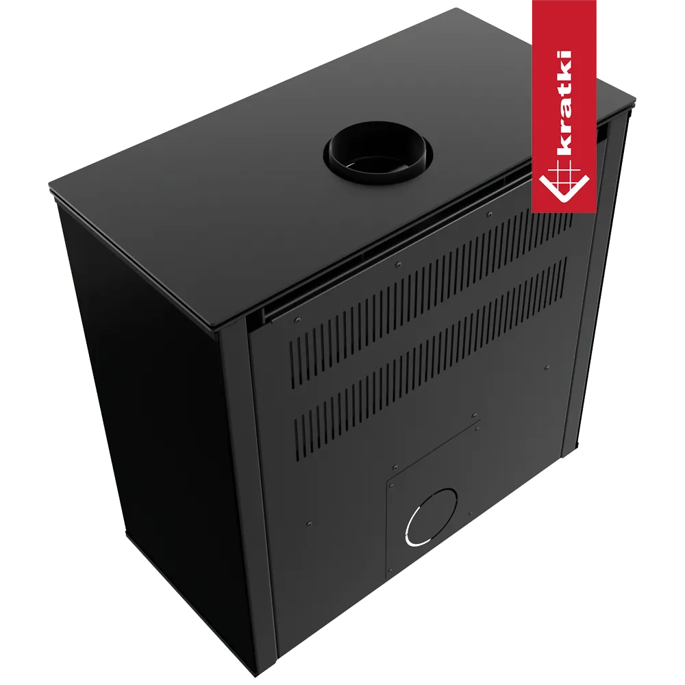 Zwarte Kratki Juno 12 kW houtkachel met bovenafvoer en ventilatierooster aan de achterkant.
