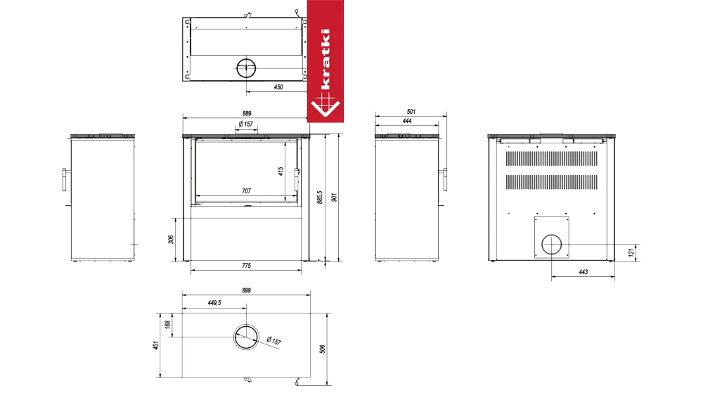 Technische tekening van de Kratki Juno 12 kW houtkachel met gedetailleerde afmetingen.