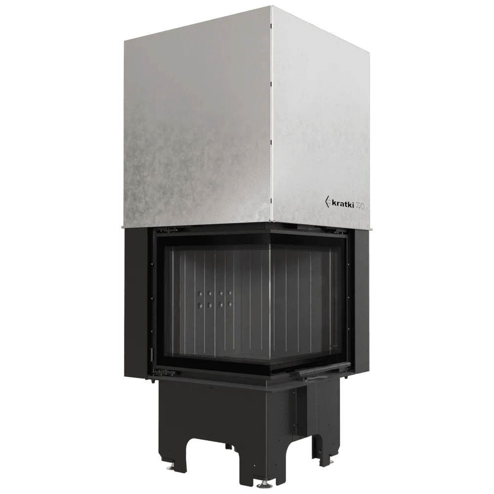 Kratki VNL 480/480, moderne inbouwhaard met glazen deur en metalen behuizing.
