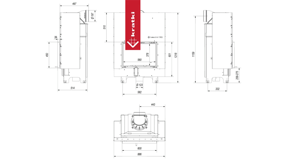 Technische tekening van Kratki MBM haard met gedetailleerde afmetingen en specificaties.