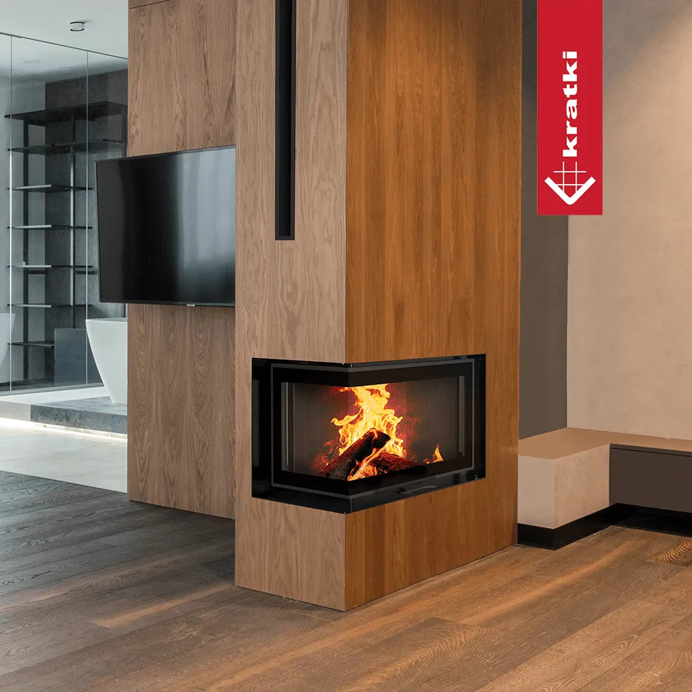 Moderne woonkamer met Kratki MBM Links hoekhaard, houten vloer en strakke inrichting.