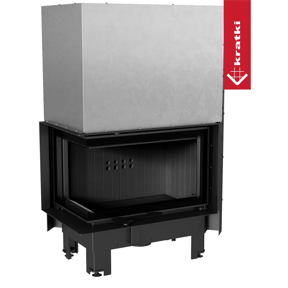 Kratki MBM Links moderne inbouwhaard met hoekglas en zwart metalen frame.