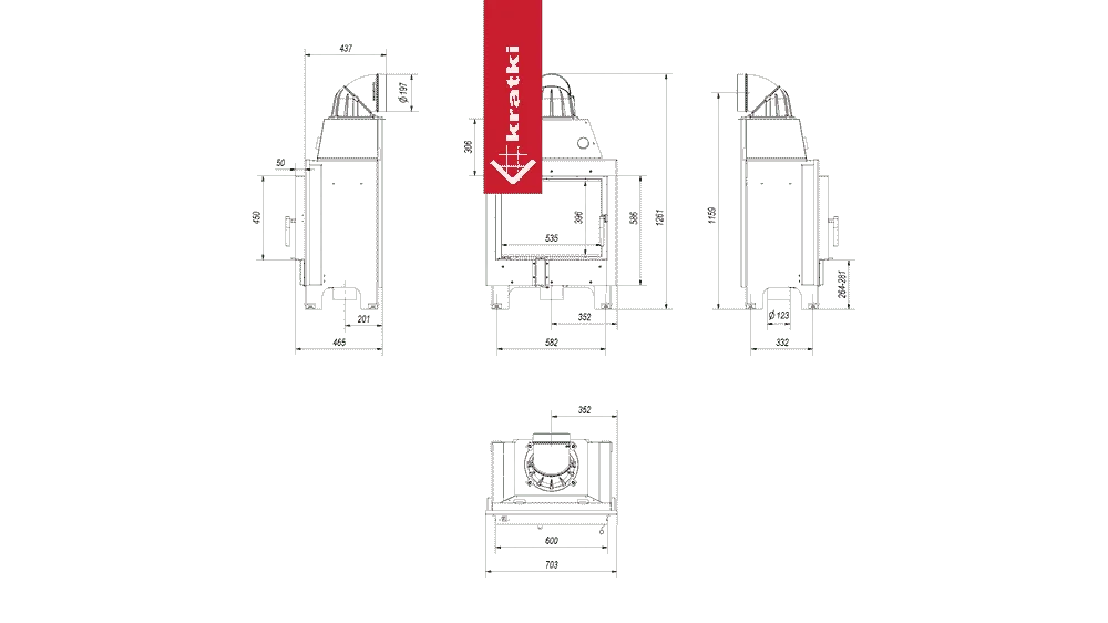 Technische tekening van Kratki MBM haard met gedetailleerde afmetingen en zijaanzichten.