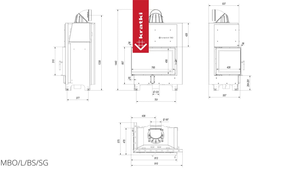 Technische tekening van Kratki MBO Links met gedetailleerde afmetingen en specificaties.