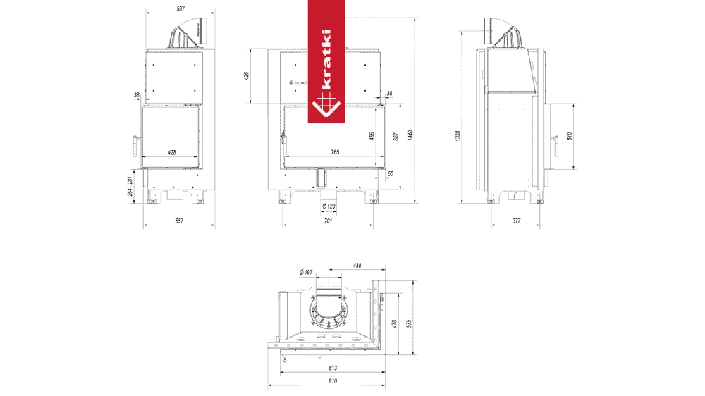 Technische tekening van Kratki MBO Rechts haard met gedetailleerde afmetingen en specificaties.