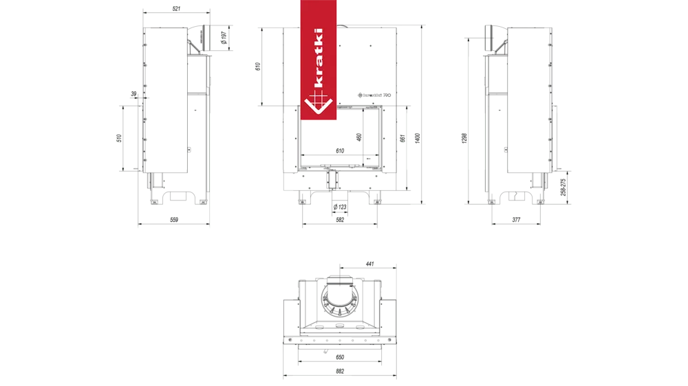 Technische tekening van Kratki MBZ haard met afmetingen en doorsneden.