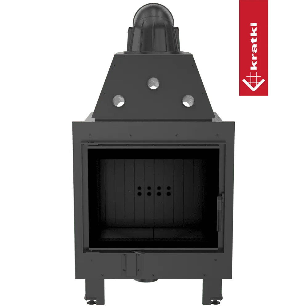 Zwarte Kratki MBZ houtkachel met glazen deur en drie ventilatieopeningen bovenaan.