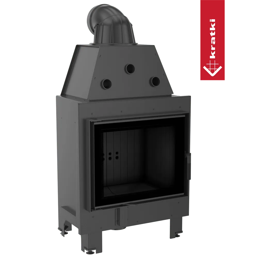 Zwarte Kratki MBZ houtkachel met glazen deur en drie ventilatieopeningen bovenaan.