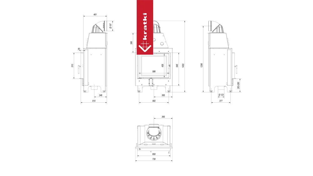 Technische tekening van Kratki MBZ haard met afmetingen en zijaanzichten.