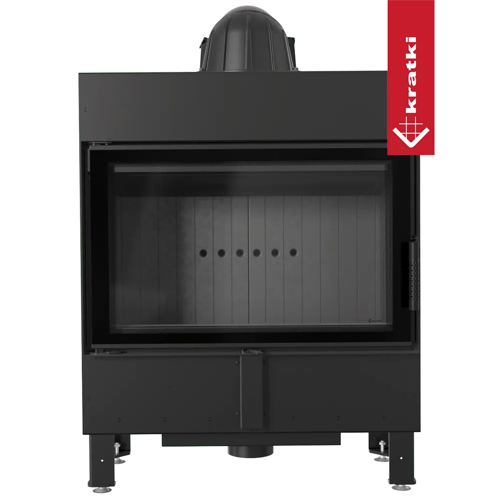 Zwarte Kratki Lucy 14 kW Slim houtkachel met glazen deur en strak, modern ontwerp.