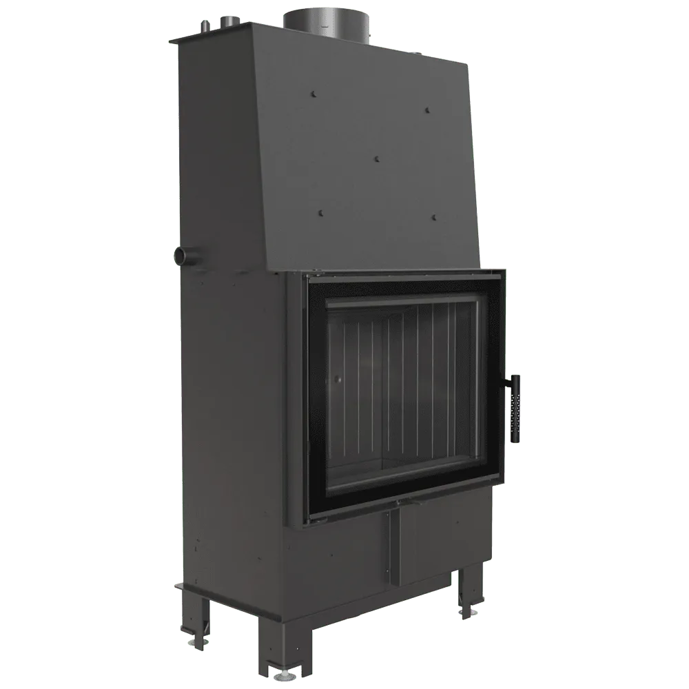 Zwarte Kratki Lucy CV 12 kW houtkachel met glazen deur en metalen behuizing.