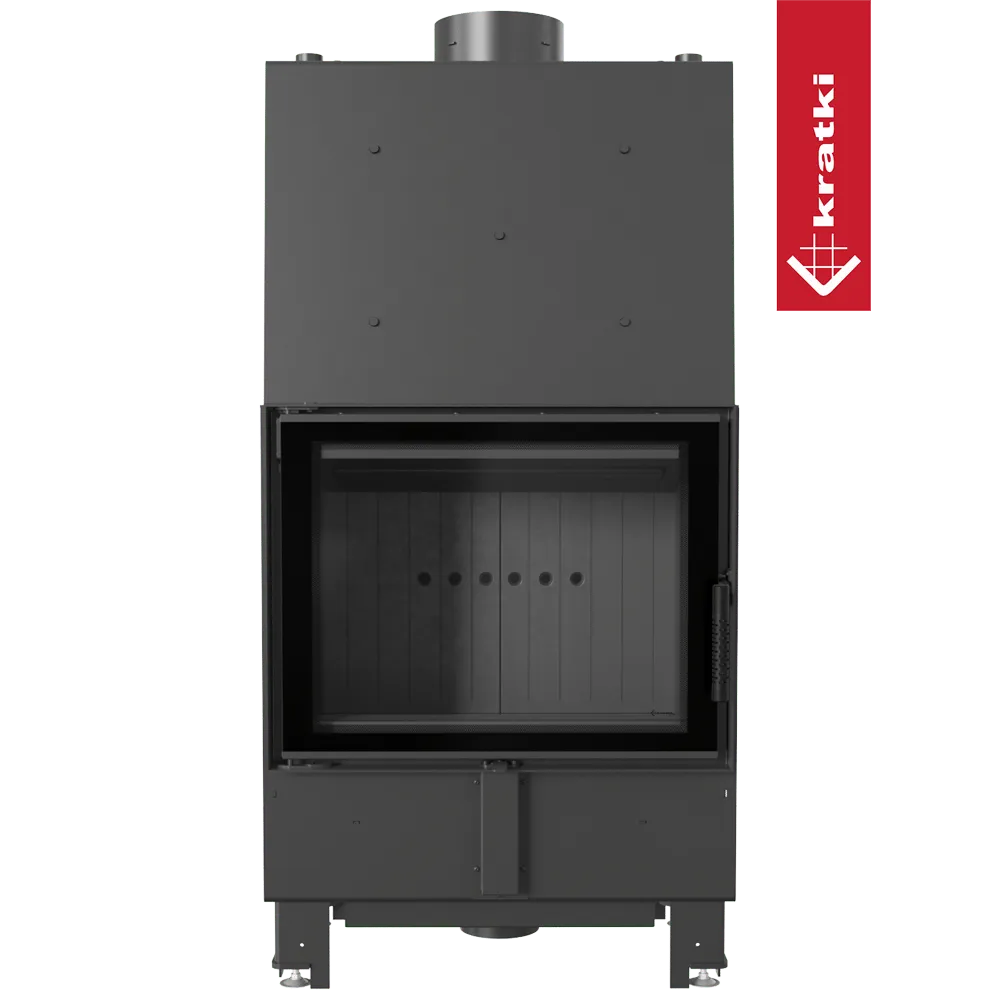 Kratki Lucy CV 12 kW, zwarte inbouwhaard met glazen deur en bovenste rookafvoer.