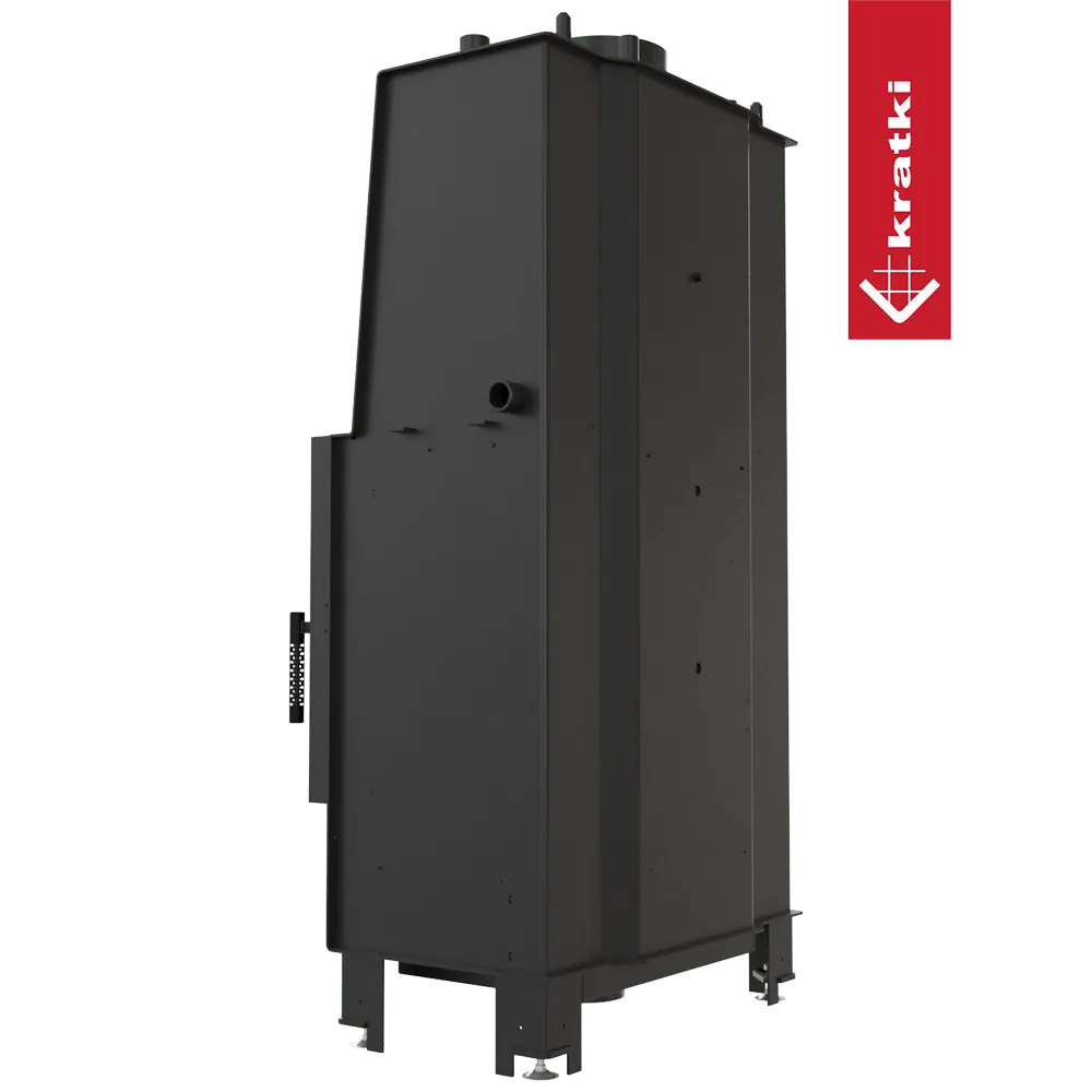 Zwarte Kratki Lucy CV 12 kW houtkachel met strak, modern ontwerp en logo aan de zijkant.