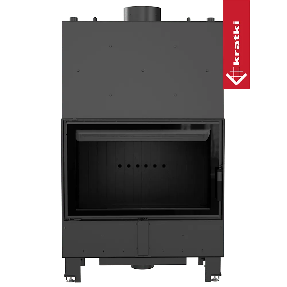 Kratki Lucy CV 16 kW, moderne zwarte houtkachel met groot glazen venster en strak ontwerp.