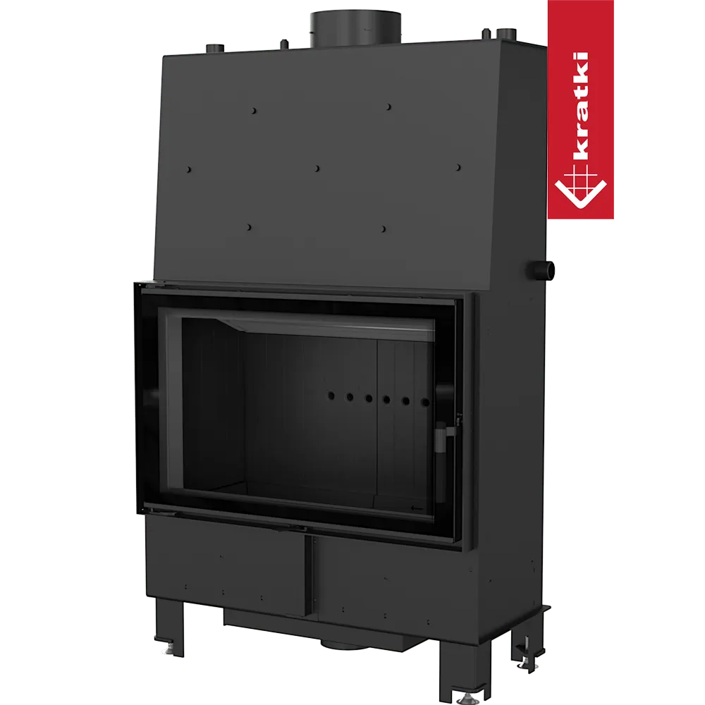 Zwarte Kratki Lucy CV 16 kW houtkachel met groot glazen venster en strak ontwerp.