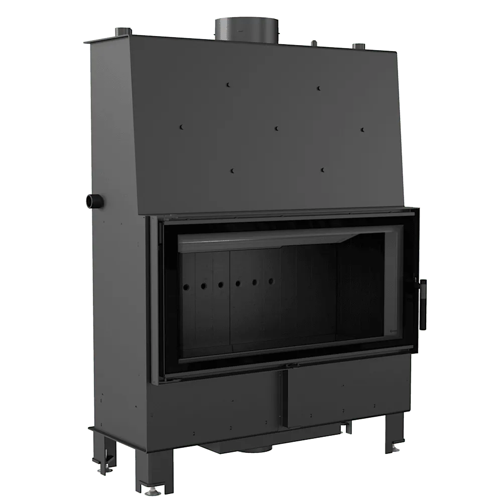 Zwarte Kratki Lucy CV 20 kW houtkachel met groot glazen venster en stevige metalen constructie.