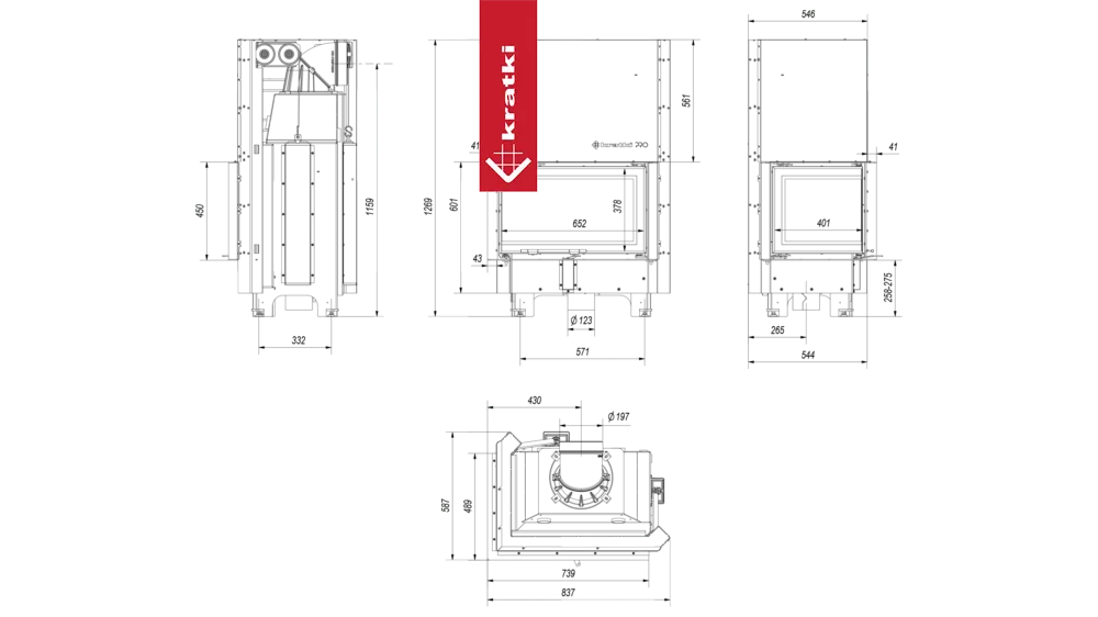 Technische tekening van Kratki MBM Links haard met afmetingen en specificaties.