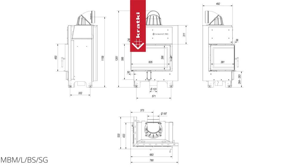 Technische tekening van Kratki MBM Links haard met gedetailleerde afmetingen en specificaties.