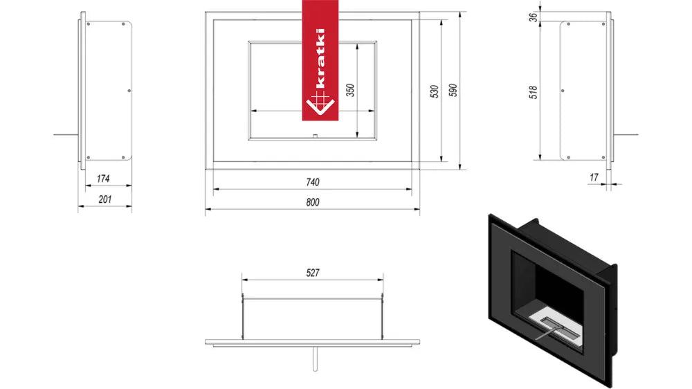 Technische tekening van Kratki Alpha TÜV met afmetingen en zijaanzicht.