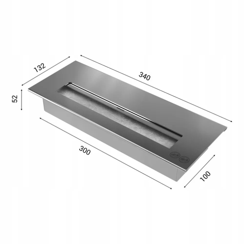 Kratki Bravo 2 TÜV bio-ethanol haard met afmetingen in millimeters.