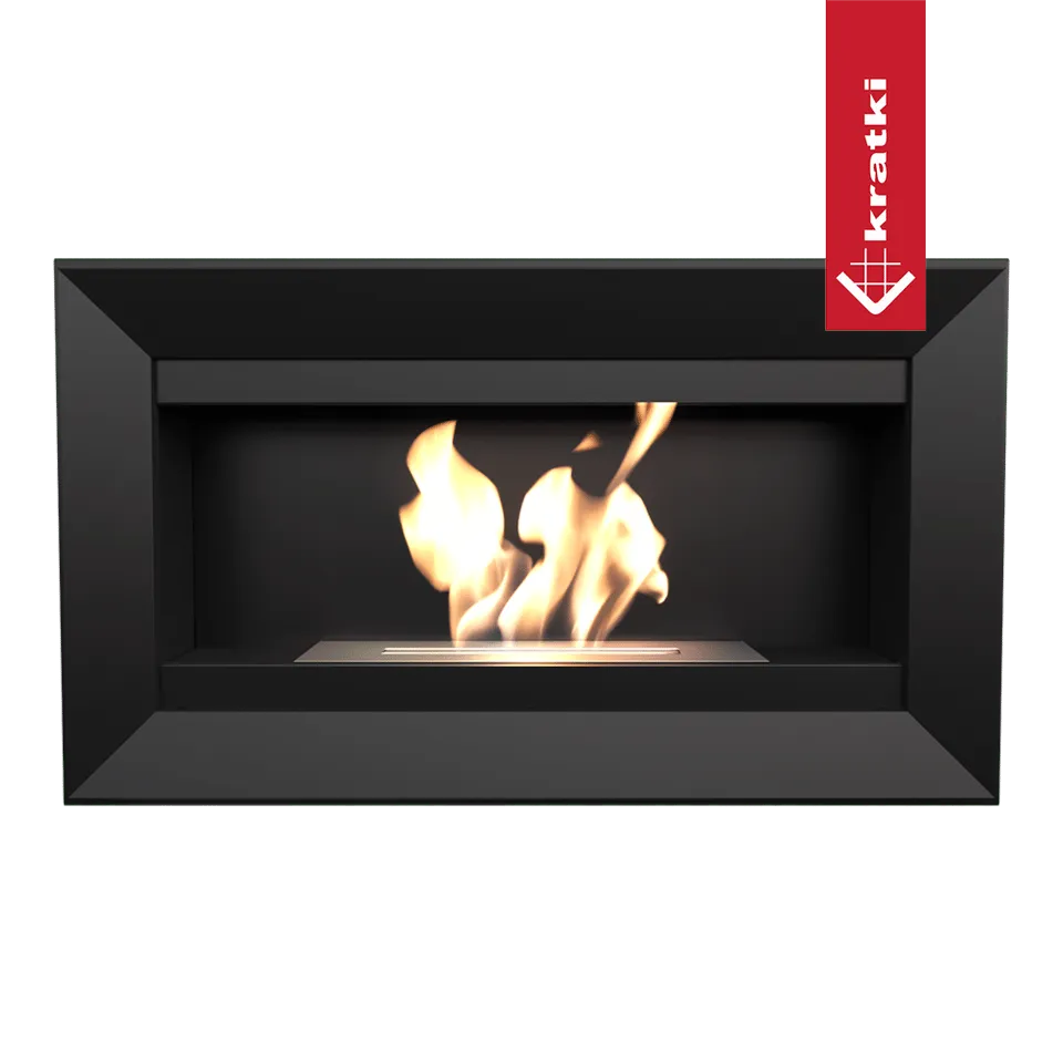Zwarte Kratki Charlie TÜV haard met brandende vlammen en modern ontwerp.
