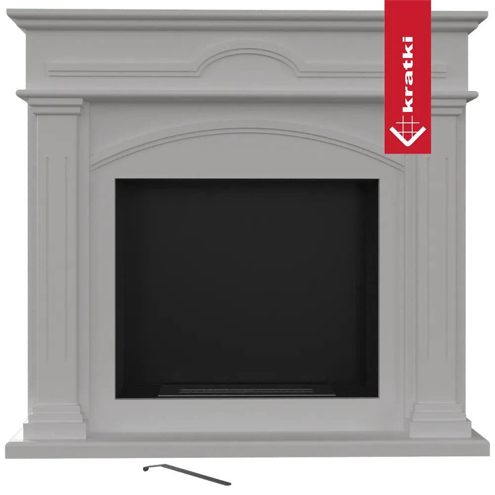 Witte klassieke open haard Kratki December TÜV met zwart binnenwerk en decoratieve kolommen.