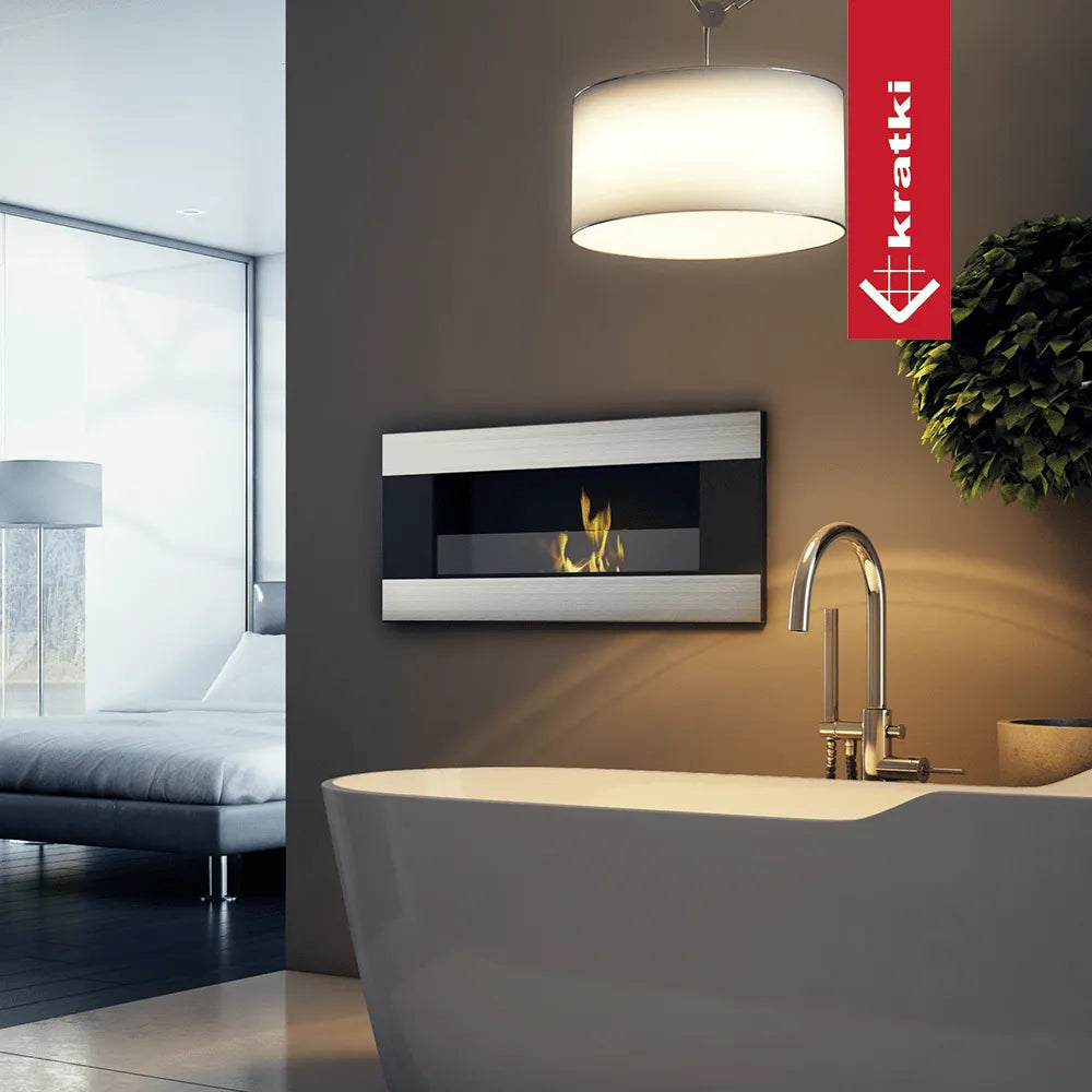 Kratki Delta2 TÜV haard in moderne badkamer met vrijstaand bad en hanglamp.
