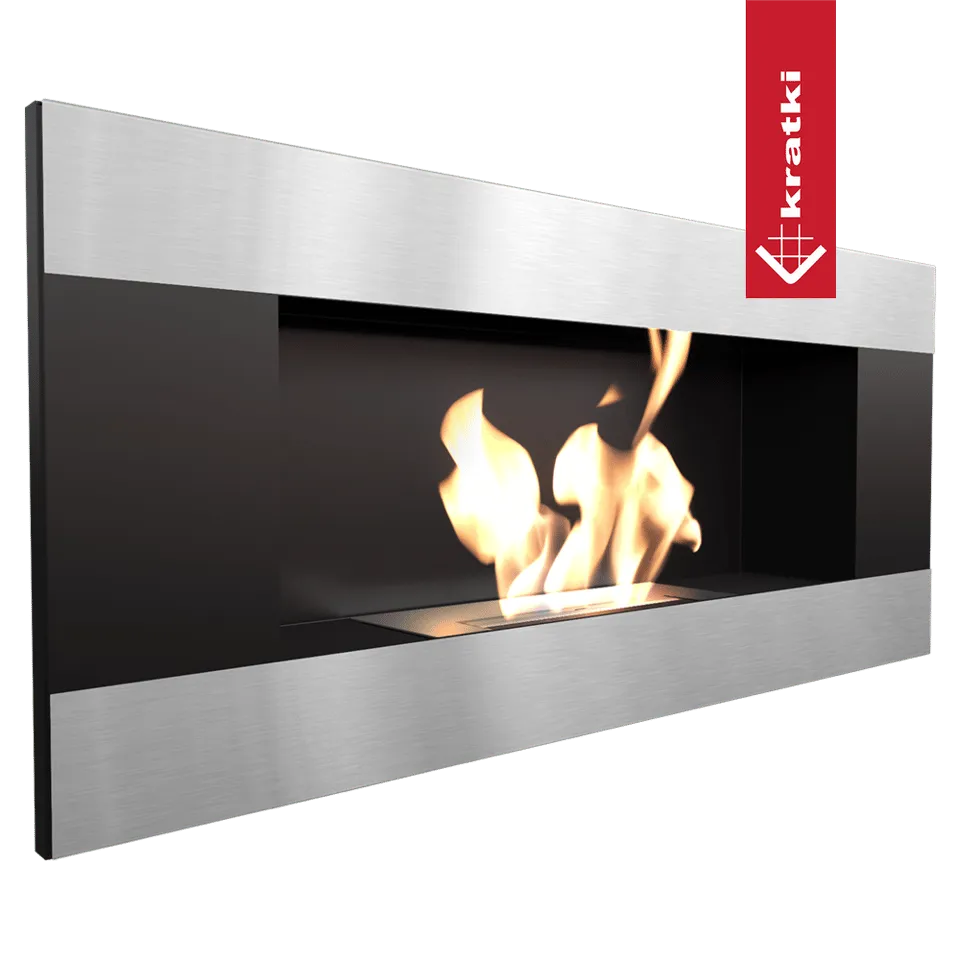Kratki Delta2 TÜV moderne wandhaard met roestvrijstalen frame en levendige vlammen.