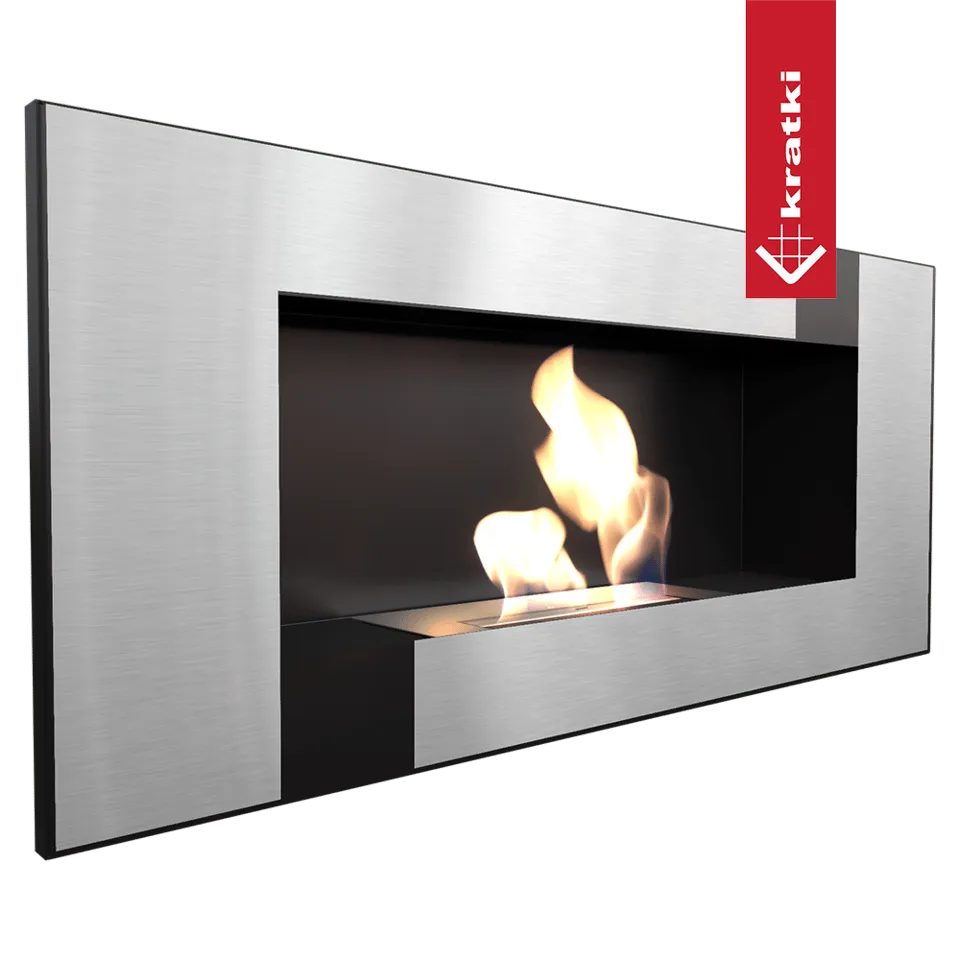 Kratki Delta2 TÜV, moderne wandhaard met roestvrijstalen frame en levendige vlammen.