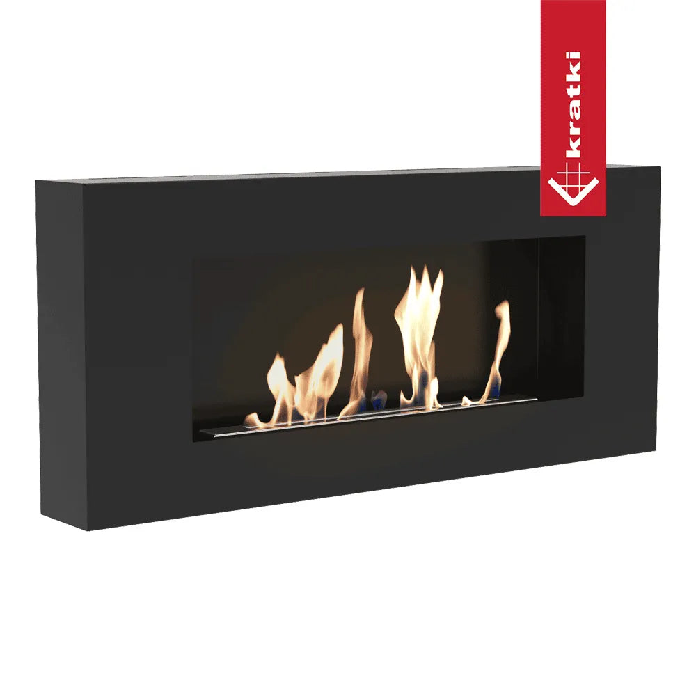 Zwarte Kratki Delta TÜV wandhaard met levendige vlammen en modern design.