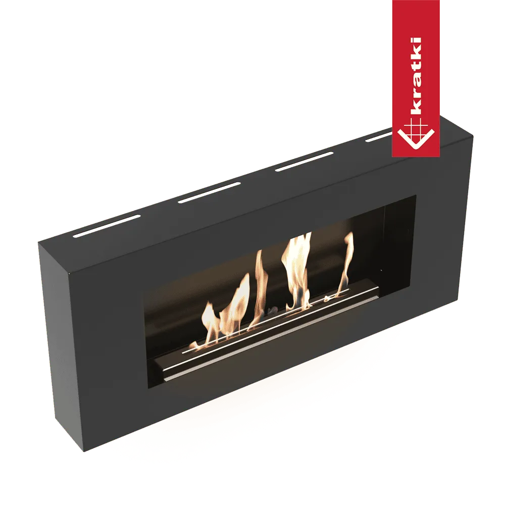 Zwarte, rechthoekige Kratki Delta TÜV haard met zichtbare vlammen en rood logo aan de zijkant.