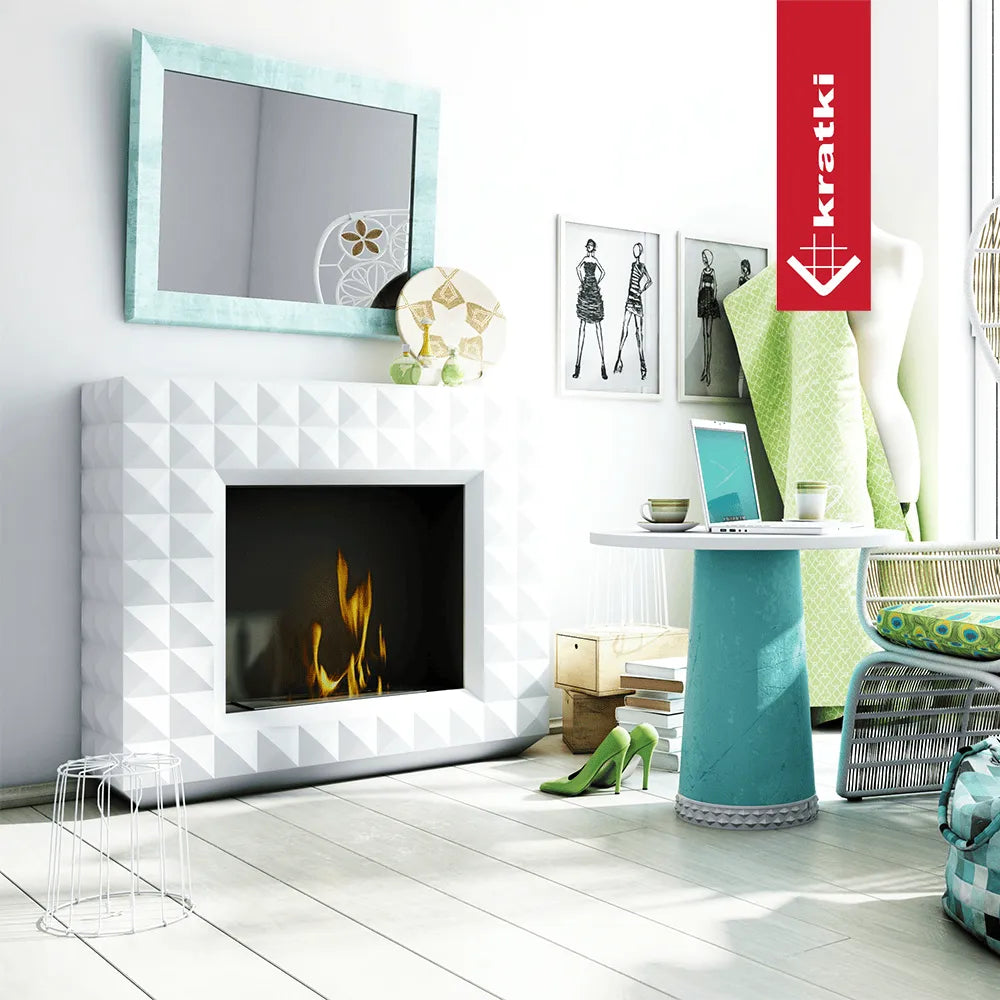 Moderne woonkamer met Kratki Egzul TÜV haard, turquoise accenten en stijlvolle decoraties.