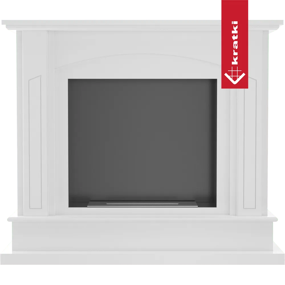 Witte, klassieke Kratki February TÜV haard met zwart binnenwerk en decoratieve panelen.