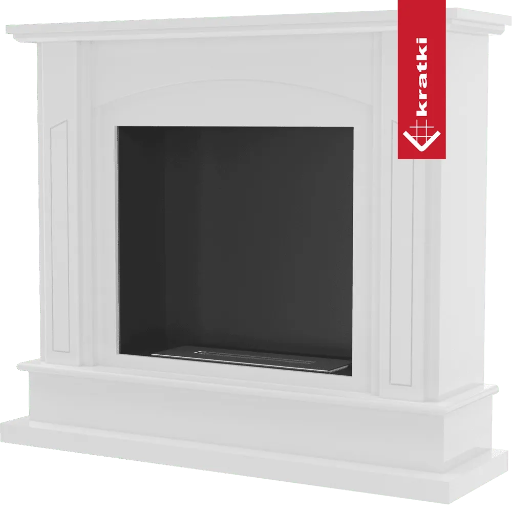 Witte Kratki February TÜV haard met klassieke omlijsting en zwart binnenwerk.