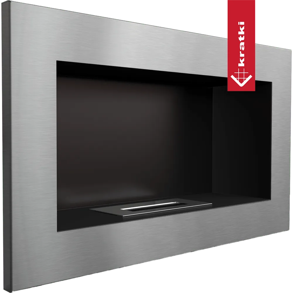Kratki Golf TÜV bio-ethanol haard met roestvrijstalen frame en zwart interieur.