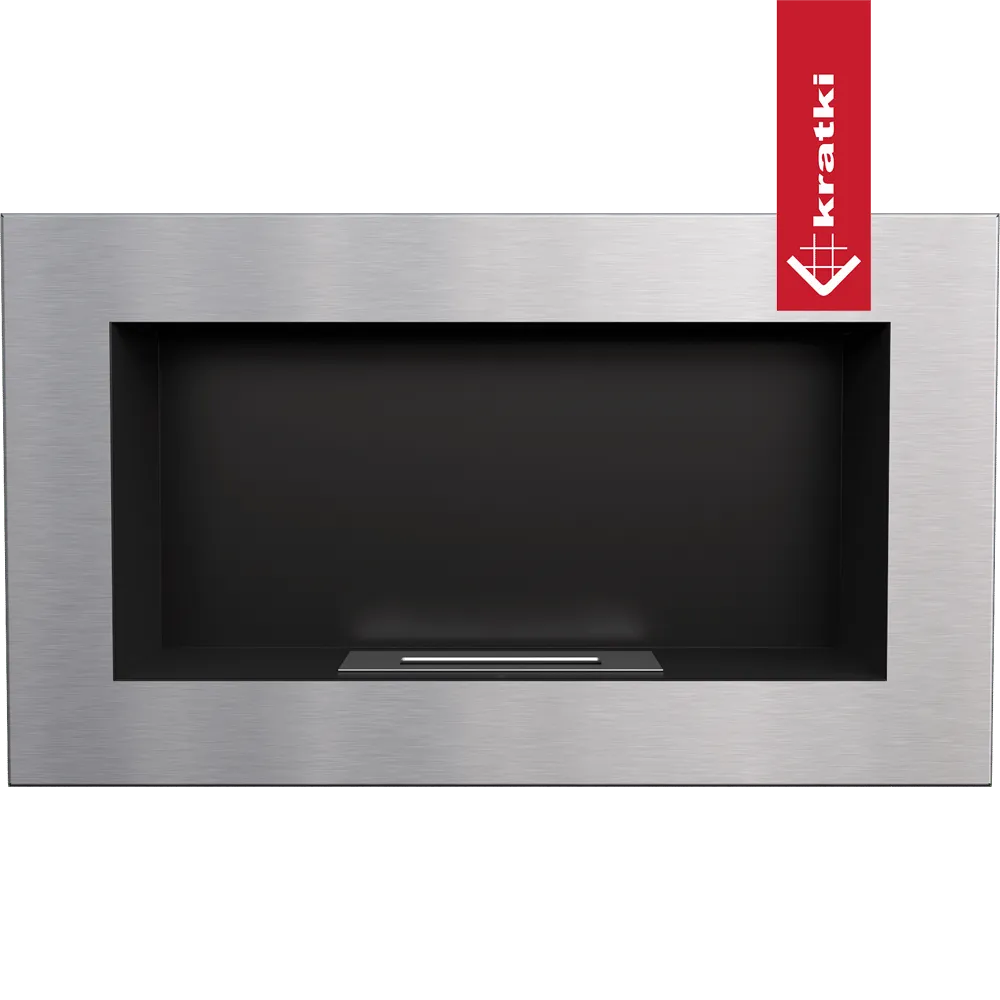 Moderne Kratki Golf TÜV bio-ethanol haard met roestvrijstalen frame en zwart interieur.
