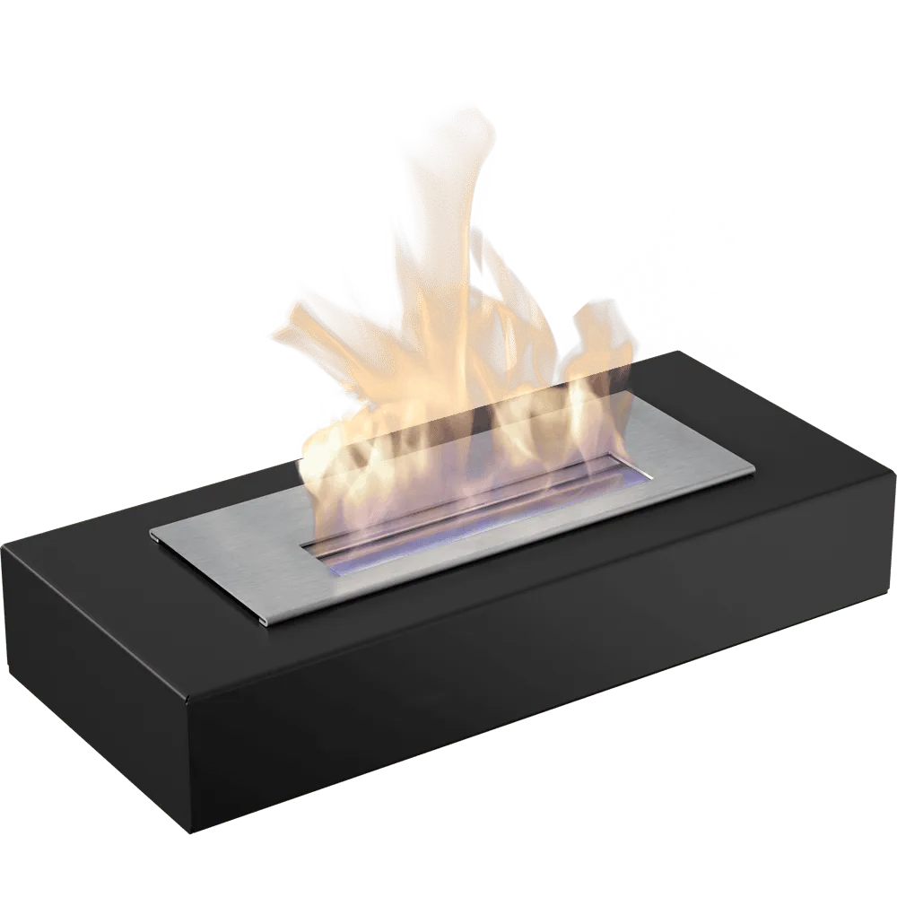 Kratki India TÜV tafelhaard met zwarte basis en roestvrijstalen brander, brandend met levendige vlammen.