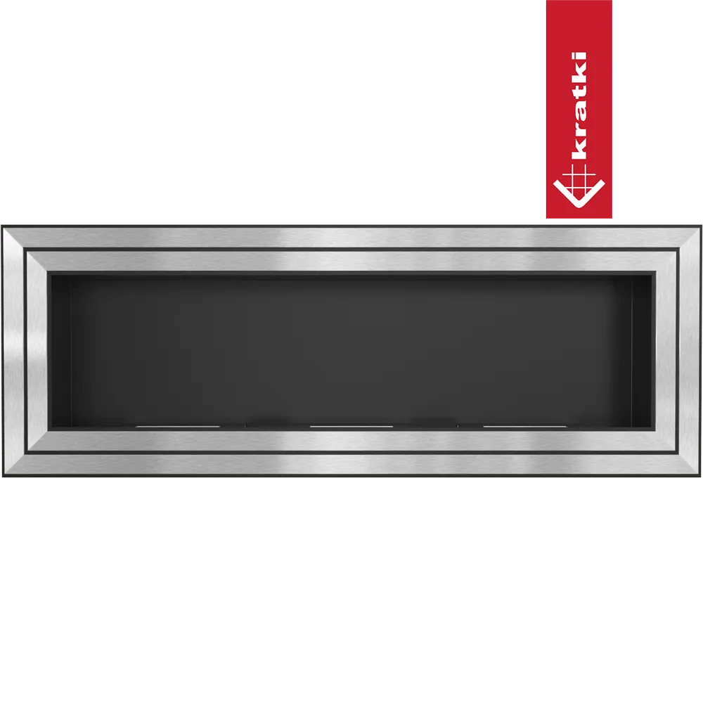 Kratki Juliet TÜV, moderne rechthoekige inbouwhaard met roestvrijstalen frame en zwart interieur.