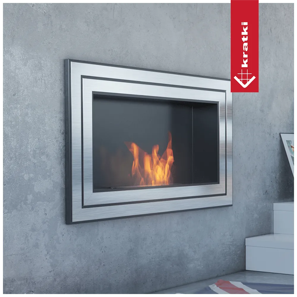 Kratki Juliet TÜV ingebouwde haard met modern roestvrijstalen frame en brandende vlammen.