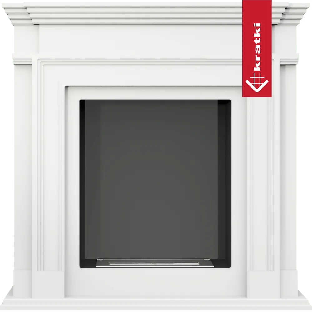 Witte klassieke haard Kratki Legionis TÜV met zwart binnenwerk en rood Kratki-logo.
