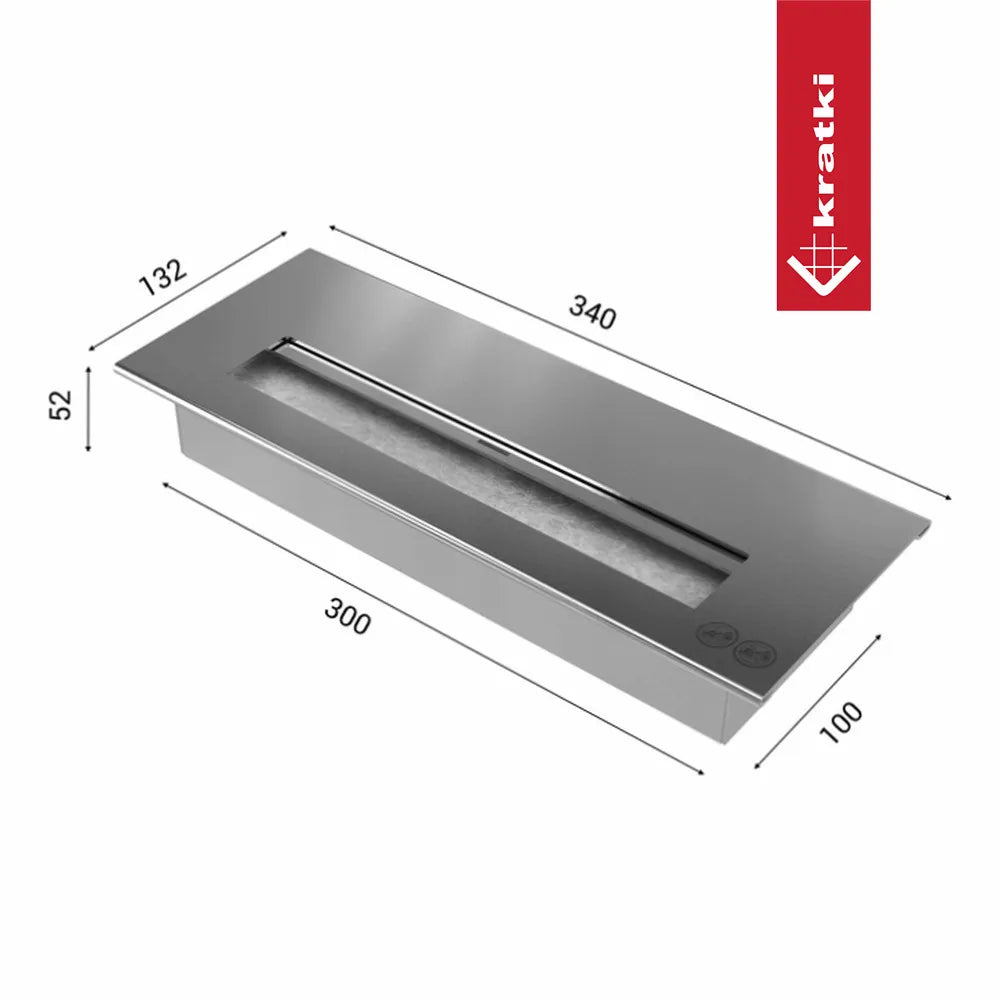 Kratki Oscar TÜV bio-ethanol haard met afmetingen en logo.